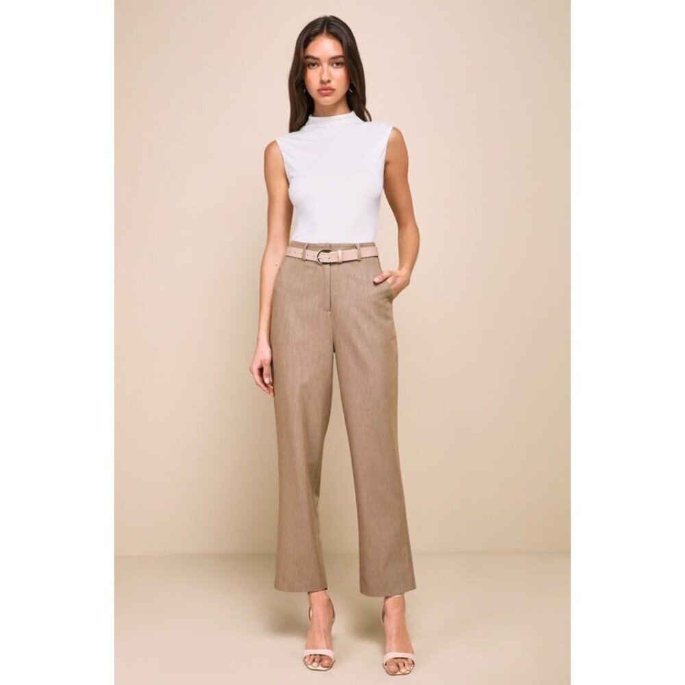 Lulus Chic Endeavor Taupe High Rise Tapered Trouser Pants - Size M